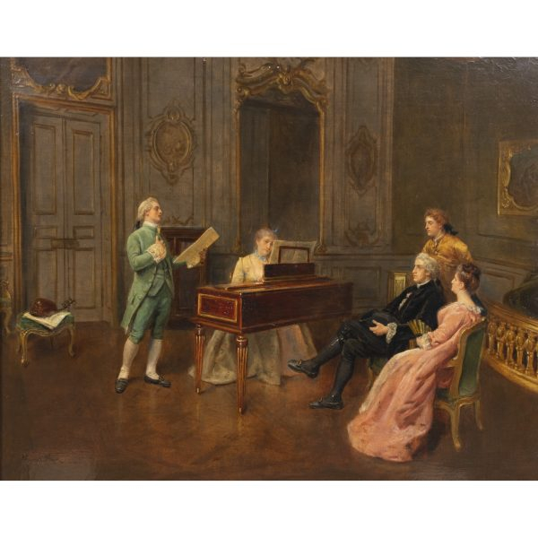 Maurice Blum (Francia, 1832-1909)  Interior con clase de música.  Óleo sobre tela. Firmado.