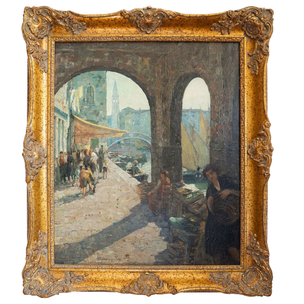 Angelo Brombo (Chioggia, 1893&ndash;1962) "Escena de mercado en Chioggia". &Oacute;leo sobre tabla.