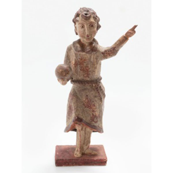 Talla en madera policromada y dorada representando "Niño de la bola".   Época: S. XVIII