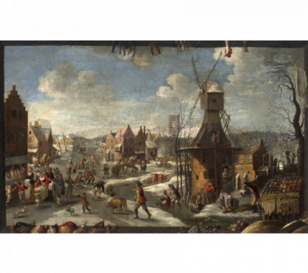 JAN BRUEGHEL, EL JOVEN (Amberes, 1601-1678)  Vista de un paisaje de invierno   Óleo sobre lienzo. 