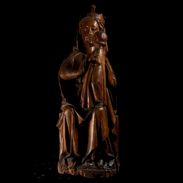 Exquisita Gran Virgen Sedente "Sedes Sapientiae" Gótica Alemana en Roble, siglo XV. 