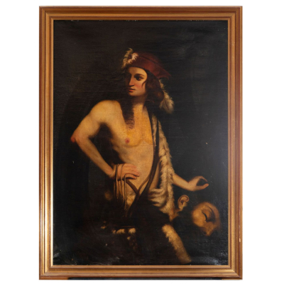 &quot;David con la Cabeza de Goliat&quot; Escuela Italiana del siglo XVIII.    Óleo sobre lienzo