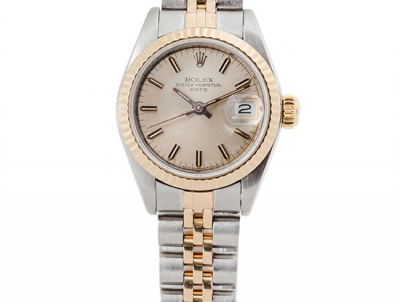 Reloj suizo, sra. ROLEX &#039;Oyster Perpetual Date&#039; Ref: 69173. En caja, 25 mm, y brazalete &#039;Jubilé&#039; de acero y oro.