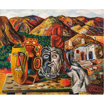 Rafael Zabaleta (1907 - 1960).  &quot;Bodegón: cerámicas y paisaje (1949)&quot;. 