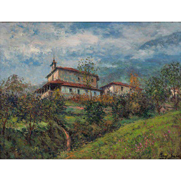 JUAN BAYÓN SALADO "BAY-SALA"   (Logroño 1913 - Bilbao 1995)  "Paisaje con Iglesia"  Firmado: Bay-Sala  Óleo / Lienzo 