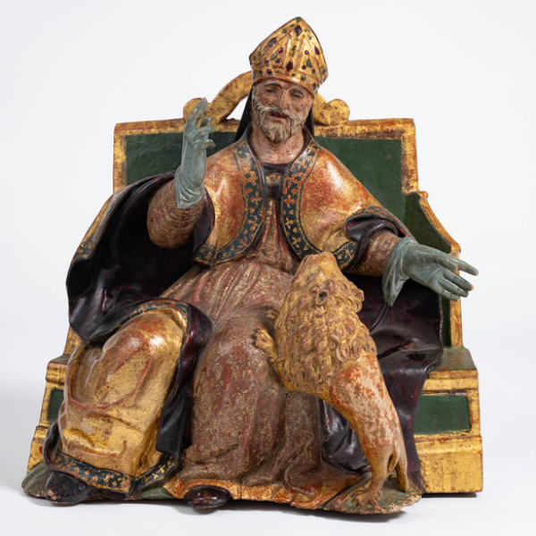 "San Marcos" Escultura de bulto redondo en madera talllada y policromada del siglo XVI
