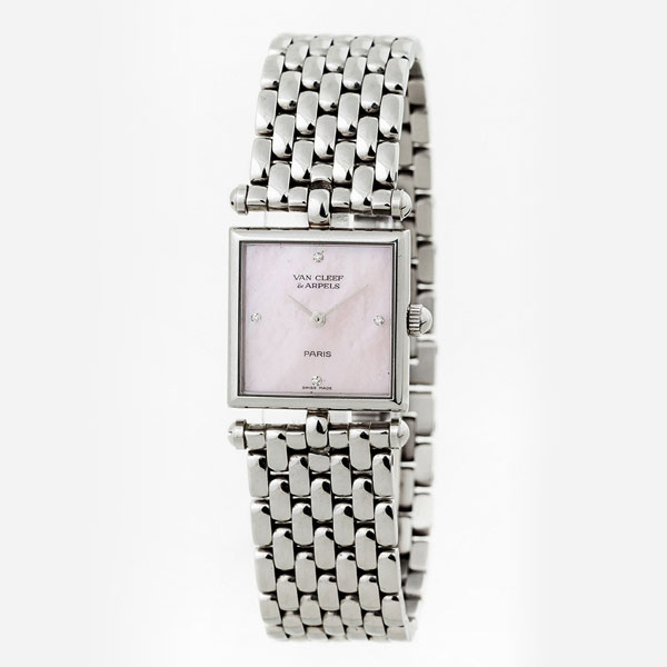 Reloj suizo sra. VAN CLEEF &amp; ARPELS (Paris) &#039;Classique&#039;, en caja cuadrada, 20 mm, y brazalete de acero.