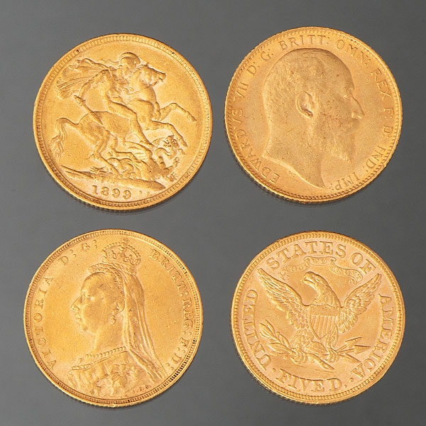 Cuatro monedas en oro amarillo 22 Kt.