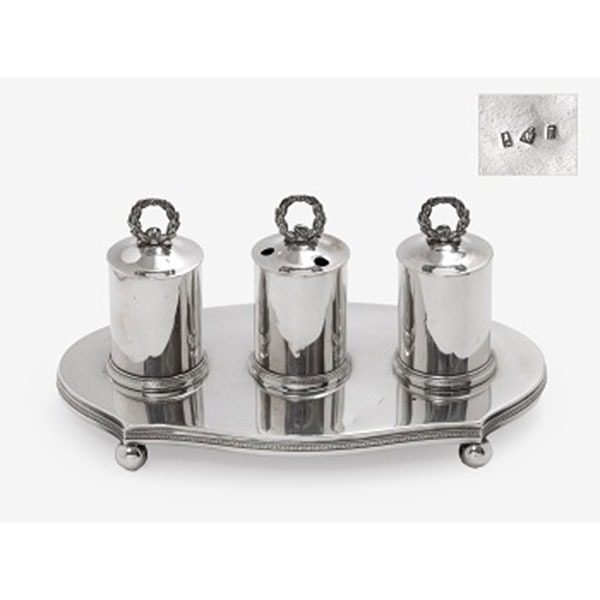 Escribanía en plata con tinteros y secante Marcas del platero Martinez. Madrid. 1834.