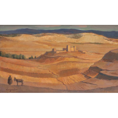 ANTONIO SANTAFÉ LARGACHA  (Bilbao 1911-1985) &quot;Paisaje con tierras y personajes con burro&quot;