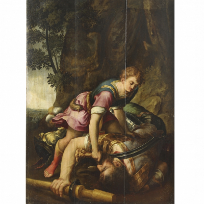 Escuela holandesa s.XVI "David vencedor de Goliat".  &Oacute;leo sobre tabla.