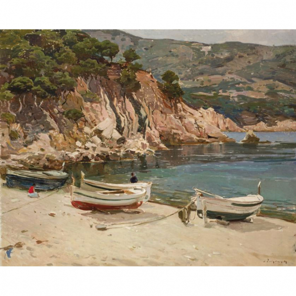 José Puigdengolas.   "Aiguablava. Begur". Óleo sobre lienzo. Firmado en el ángulo inferior derecho.