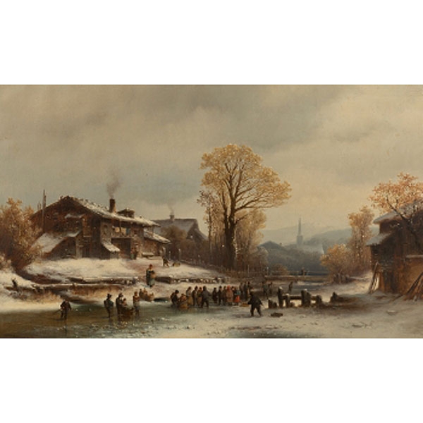 ANTON DOLL MUNCHEN  (1826 - 1886) &quot;Personajes en el pueblo nevado&quot;