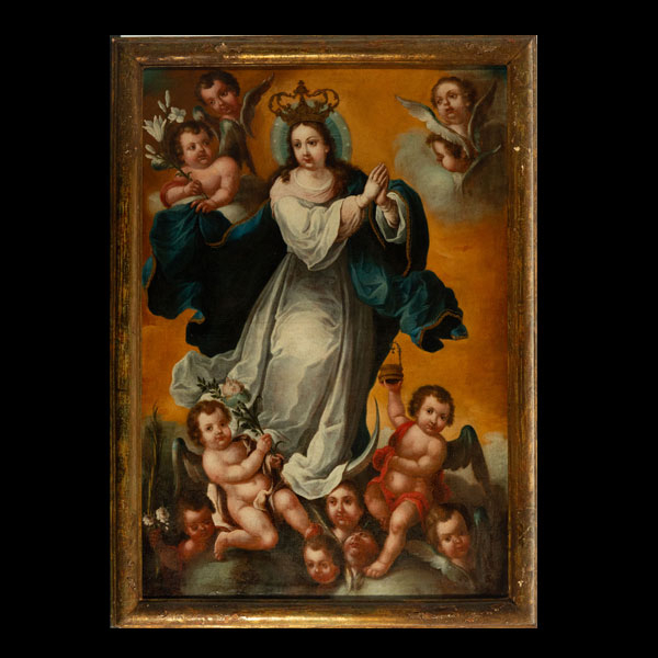 Importante Gran Virgen Inmaculada Rodeada de Ángeles Novohispana, trabajo colonial mexicano de finales del siglo XVII.
