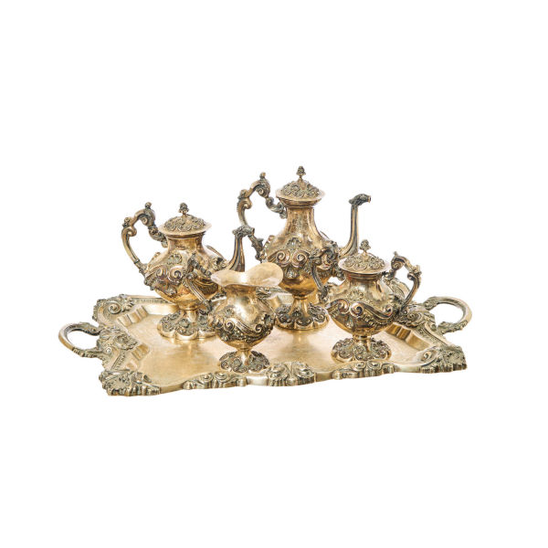 Gran juego de café de cinco piezas en plata portuguesa punzonada con contrastes de Porto s.XX.