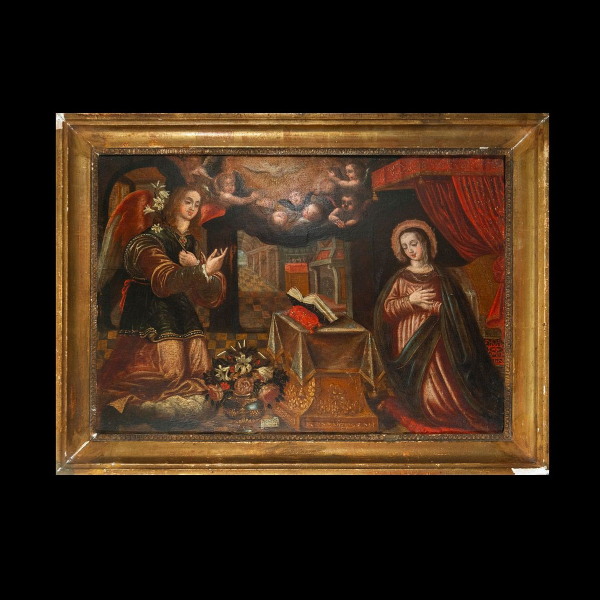 Preciosa Anunciación de María sobre tabla - Escuela Colonial Mexicana del siglo XVII - Firmado y fechado en la Base Gil Delgado? Año 1682. 