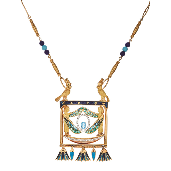 Collar diseño egipcio en oro bicolor mate y brillo con diamantes talla brillante, topacio azul talla oval 