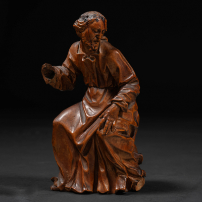 &quot;San José&quot; Escultura de bulto redondo en madera de boj tallada. Trabajo Alemán, Siglo XVII.