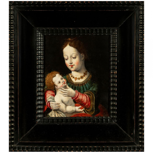 "Madonna con el Ni&ntilde;o" Maestro del Papagayo, escuela flamenca de Amberes del siglo XVI.   &Oacute;leo sobre tabla