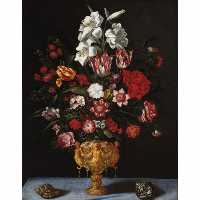 Maestro de los vasos Grutescos (S. XVII). &quot;Bodegón con flores y caracolas&quot;. Óleo sobre lienzo. Reentelado.