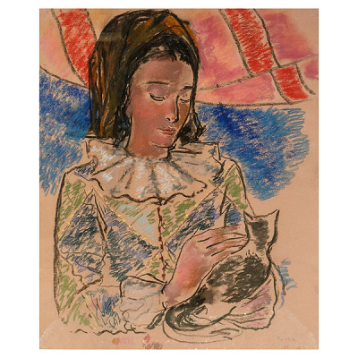 Pere Pruna Ocerans (Barcelona, 1904-1977) Muchacha con gato. Pastel y carboncillo sobre papel.
