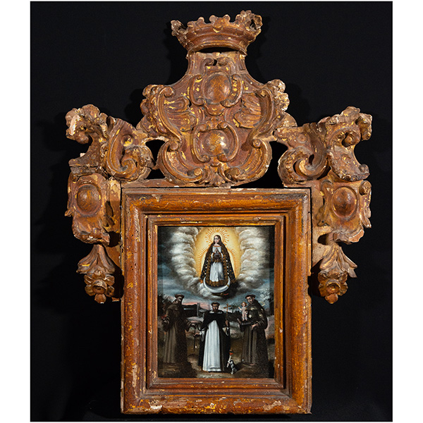 La Virgen junto a San Francisco Javier, Santo Domingo de Guzmán y San Francisco de Asís sobre cobre, escuela colonial Novohispana del siglo XVII