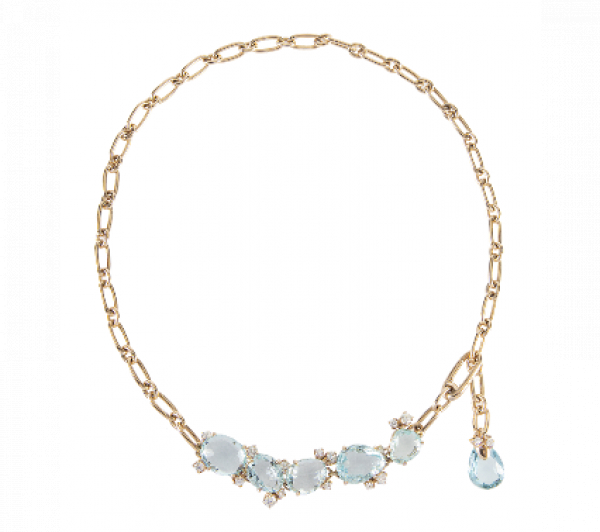 Collar POMELLATO de aguamarinas de talla oval en damero y brillantes, con diseño asimétrico y cadena de eslabones ovales.