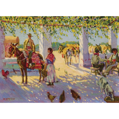 Mariano Bertuchi. "Parada en la venta". &Oacute;leo sobre lienzo. Firmado