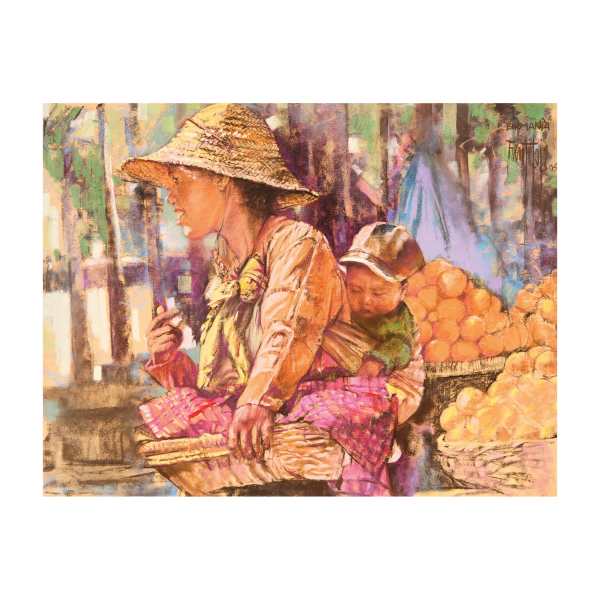 José Luis Fuentetaja (Madrid, 1951) Mujer birmana en el mercado. Dibujo a pastel sobre papel. Firmado, fechado en 2005 y localizado en Birmania.