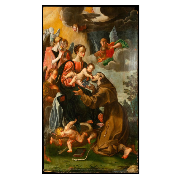"Virgen con niño" Gran tabla Tardo Renacentista. Escuela Italiana. Fin siglo XVI - XVII. Óleo sobre tabla.