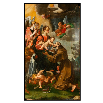 "Virgen con ni&ntilde;o" Gran tabla Tardo Renacentista. Escuela Italiana. Fin siglo XVI - XVII. &Oacute;leo sobre tabla.