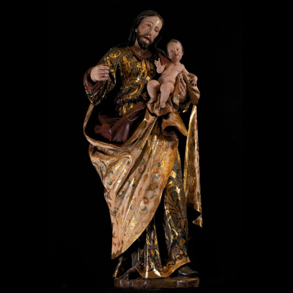 "Gran San Jos&eacute; con Ni&ntilde;o" en talla, trabajo colonial Novohispano de finales del siglo XVII.