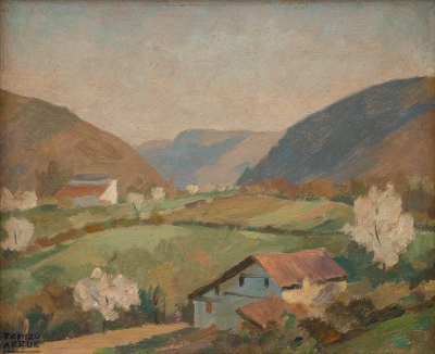"Paisaje vasco con caser&iacute;os" RAMIRO ARRUE(Bilbao, 1892 - San Juan de Luz, 1971) &Oacute;leo/T&aacute;blex