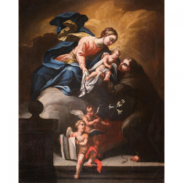 Escuela española, fles. del s.XVII.  Aparición de la Virgen y el Niño Jesús a San Antonio de Padua. 