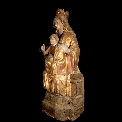 Monumental Virgen &quot;Sedes Sapientae&quot; Tardo Románica - Transición Gótico, sigo XIV - siglo XV.  En madera dorados y policromía originales. 