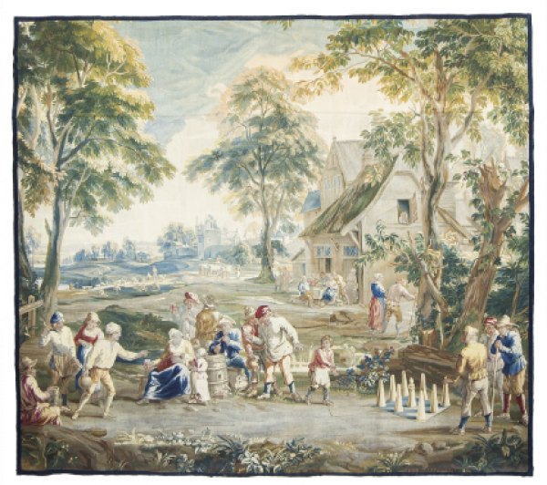 Tapiz en lana, con una escena de la vida cotidiana, según Teniers. Firmado, "BB. V.LEYNIERS.D.L."  Bruselas Bravante, taller de Urbanus y Daniel III* (1729-1745).
