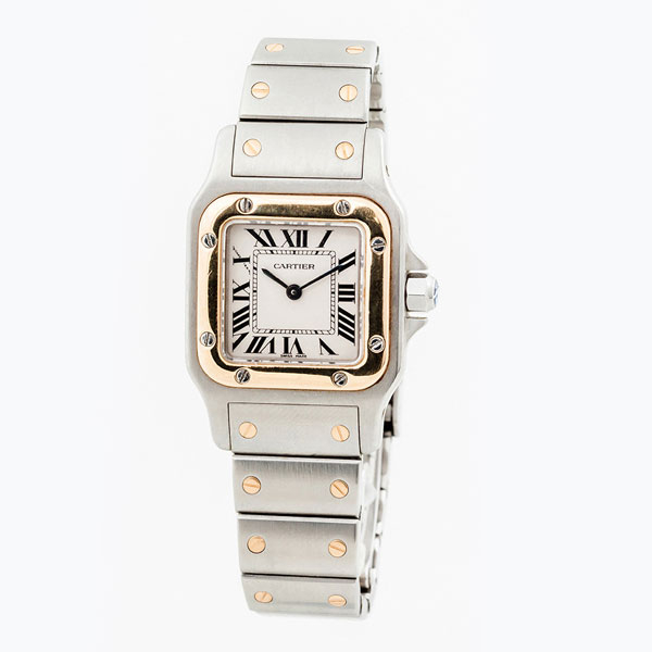Reloj suizo, sra. CARTIER Santos Galbée (ref: 1057930) en caja de acero, 24 mm, con bisel de oro amarillo 18 K 