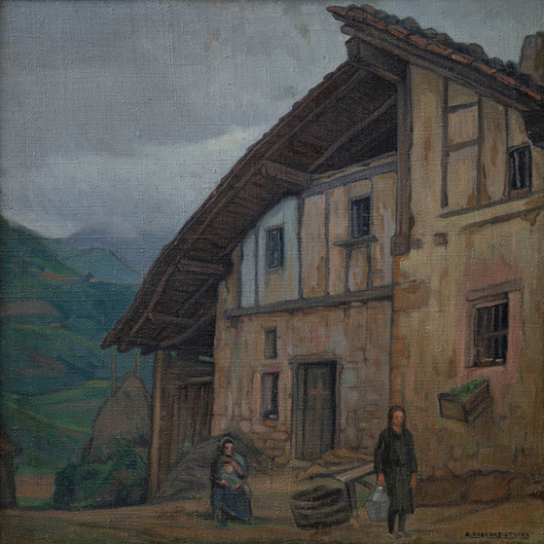 "Familia en el caserío" ANGEL CABANAS OTEIZA (Guipúzcoa, 1875 - 1964)  Óleo/Lienzo