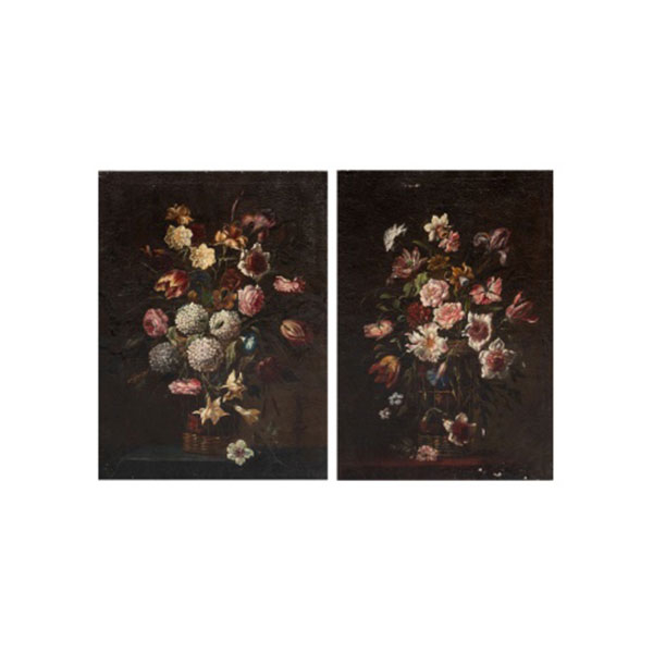 ESCUELA VALENCIANA O MALLORQUINA   S. XVIII &quot;Bodegón de cesta con flores &quot; Óleo / Lienzo (pareja) 