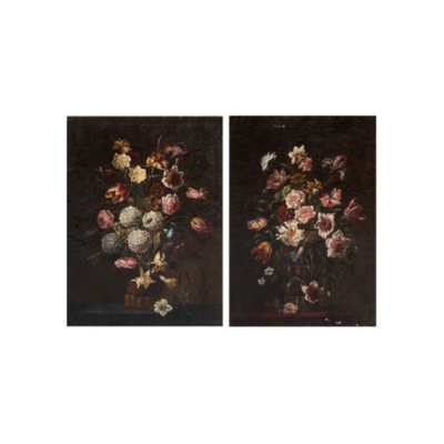 ESCUELA VALENCIANA O MALLORQUINA   S. XVIII &quot;Bodegón de cesta con flores &quot; Óleo / Lienzo (pareja) 