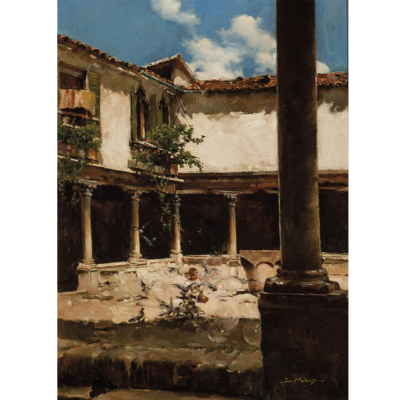 José de Madrazo Agudo.   &quot;Patio con niño y palomas&quot;. Óleo sobre lienzo.