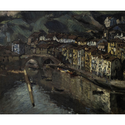 &quot;Ondarroa en el puerto&quot; c. 1974.  IGNACIO GARCÍA ERGUIN (Bilbao, 1934) Óleo/Lienzo