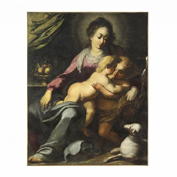 Atr. a Simone Barabino (1585-1629) "La virgen con Jesús y San Juanito" . 