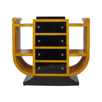Cómoda estilo Art Deco en madera chapada con acabado en raíz de olmo y madera ebonizada, s.XX.