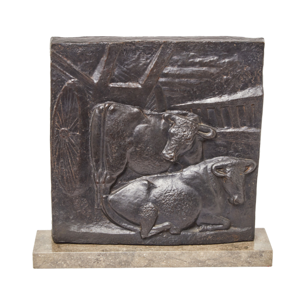 Manolo Hugué (Barcelona, 1872-Caldes de Montbui, Barcelona, 1945) Bueyes. Plafón en bronce patinado sobre base en mármol.