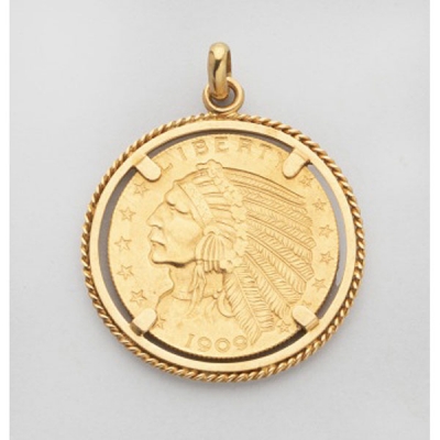 Moneda dolar en oro amarillo &quot;&quot;Five dolard&quot; 1909 con cerco en oro con cordón alrededor para colgante  Peso: 10,8 cm