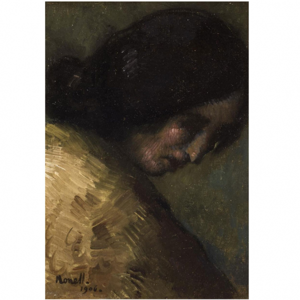 Isidro Nonell. "Cabeza de gitana (1906)". Óleo sobre lienzo adherido a tabla. Firmado y fechado (1906)  
