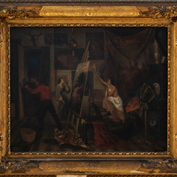 &quot;Estudio del Pintor&quot;.  ESCUELA HOLANDESA O BELGA DEL SIGLO XIX.   Firmado: Ilegible.   Técnica: Óleo/Lienzo