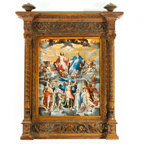 Arcángel San Miguel Rodeado de Ángeles frente a Dios Padre, Jesucristo y el Espíritu Santo, a la manera de Bernardo Bitti, escuela posiblemente colonial Peruana, siglo XVII.