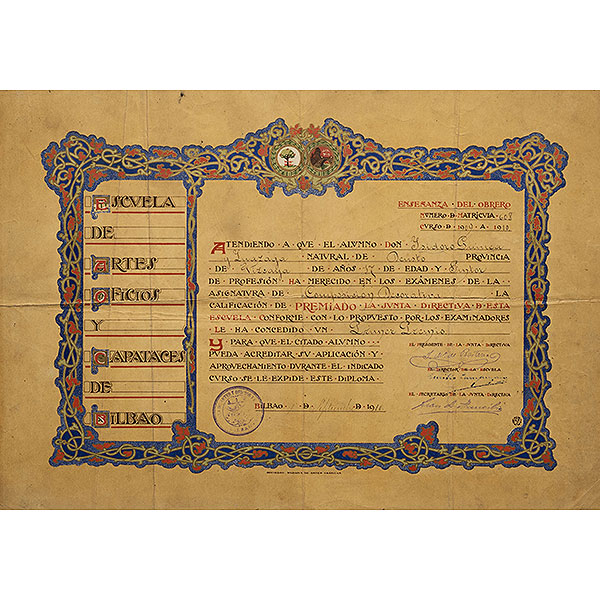 &quot;Diploma del primer premio otorgado a Isidoro Guinea de la Escuela de Artes y capataces de Bilbao, otorgado en la asignatura de Exposición decorativa del año 1911&quot;